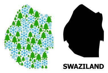 Yeni Yıl Kolajı Kar Taneleri ve Ağaçları Svaziland Haritası