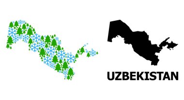 Özbekistan 'ın kar taneleri ve firavun ağaçlarından oluşan kış kompozisyon haritası