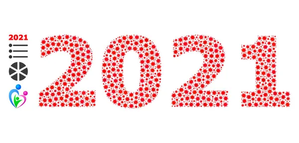 2021 År Siffror Collage med små virus infektionsikoner — Stock vektor