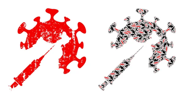 コロナウイルスワクチン注射アイコンフラクタルコラージュとグランジテクスチャアイコン — ストックベクタ