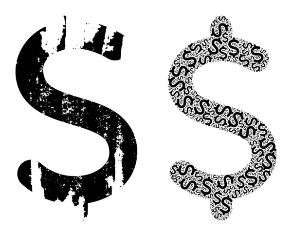 Dollar Symbol Icon Recursive Composition and Grunge Textured Icon — 스톡 벡터