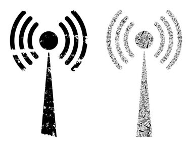 Radyo kulesi simge fraktal kolajı ve Grunge desenli simge