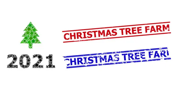 2021 Fir Tree Star Mosaico e Albero di Natale Farm timbri di gomma graffiati — Vettoriale Stock