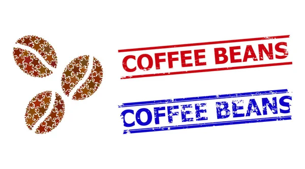 Kaffeebohnen Star Mosaic und Kaffeebohnen zerkratzte Briefmarken — Stockvektor