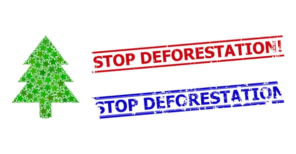 Fir Tree Star Mosaic and Stop Deforestation Vykřičník Grunge Seal Stamps — Stockový vektor