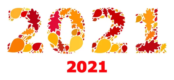 2021 dígitos del año Icono de mosaico de otoño con hojas de otoño — Archivo Imágenes Vectoriales