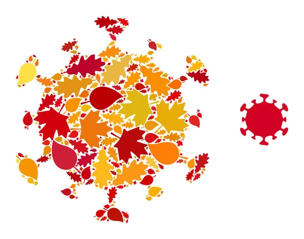 Covid Virus Herfst Compositie Ikoon met herfstbladeren — Stockvector