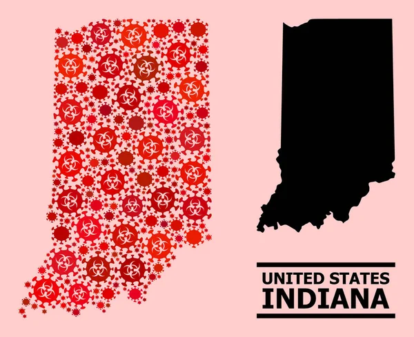La mappa di Indiana State Mosaico con Covid Virus elementi di infezione da rischio biologico — Vettoriale Stock