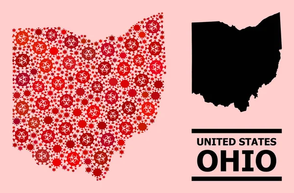 Mappa dello stato dell'Ohio Collage of Covid Biohazard Infection Icons — Vettoriale Stock