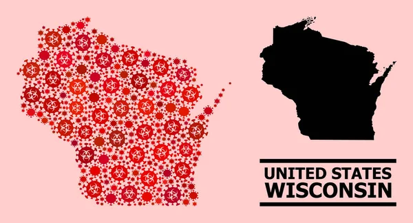 Mappa dello stato del Wisconsin - Mosaico con Covid Virus Icone di infezione da Biohazard — Vettoriale Stock