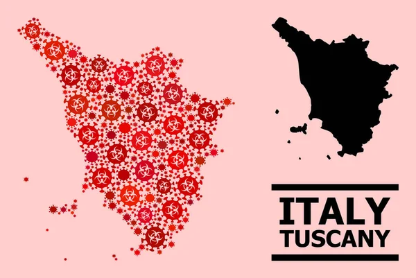 Kaart van Toscane - Collage met Covid Biological Hazard Infection Icons — Stockvector