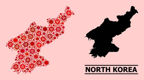 Carte de la Corée du Nord Collage avec des éléments d'infection à risque biologique covid — Image vectorielle