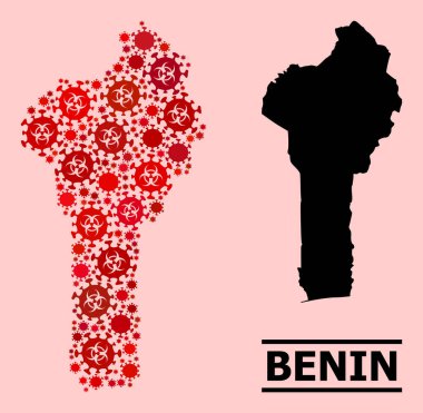 Benin Haritası - Covid Virüs Biyolojik Tehlike İkonaları Kolajı