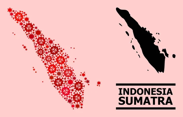 Карта острова Суматра - коллаж с объектами биологической опасности Ковид-2019 — стоковый вектор