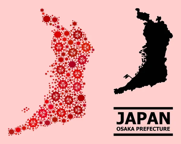 Mapa da Prefeitura de Osaka - Mosaico do Vírus Covid Ícones de infecção de perigo biológico —  Vetores de Stock