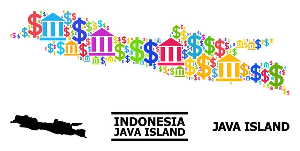 Mapa de Colagem de Vetores da Ilha Java de Itens Financeiros e Empresariais —  Vetores de Stock