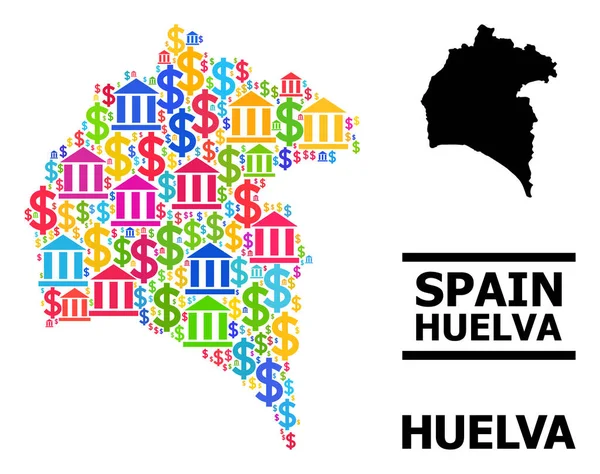 Vector Mosaic Mapa de Huelva Provincia de Finanzas y Dinero Iconos — Archivo Imágenes Vectoriales