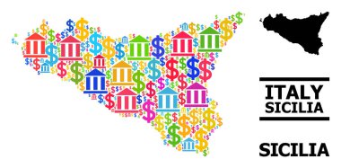 Sicilya Maliye ve Ticaret Simgeleri Adası Vektör Kolajı Haritası