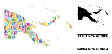 Papua Yeni Gine Bankacılık ve Para Parçalarının Vektör Mozaik Haritası