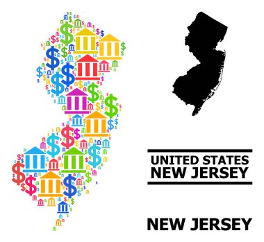 New Jersey Finansal ve İş Parçaları Eyaleti Vektör Kolajı Haritası