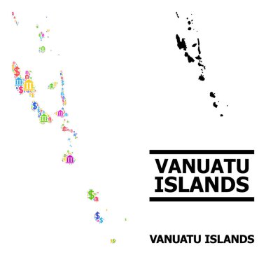 Bankacılık ve Dolar Simgeleri Vanuatu Adalarının Vektör Mozaik Haritası