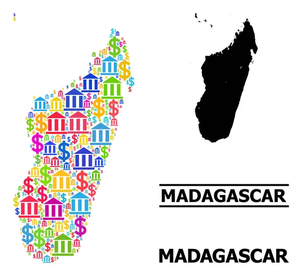 Carte vectorielle de l'île de Madagascar des icônes bancaires et commerciales — Image vectorielle