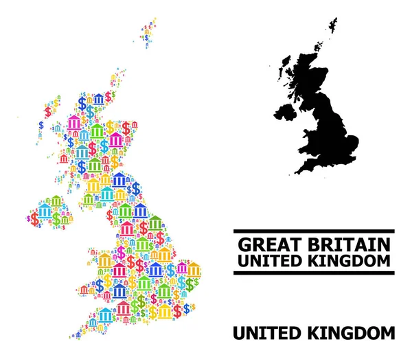 Vector Mosaic Mapa del Reino Unido de las Partículas del Banco y del Dinero — Vector de stock