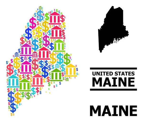 Collage vettoriale Mappa del Maine Stato delle Finanze e del Denaro Particelle — Vettoriale Stock