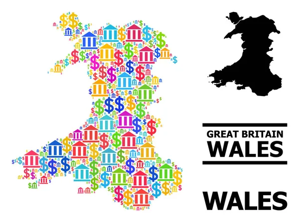 Vektor Mosaik Karta över Wales finans- och penningobjekt — Stock vektor