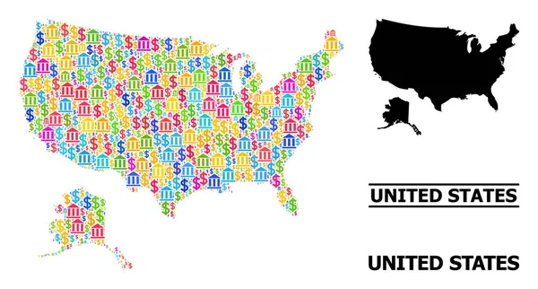 Carte vectorielle en mosaïque des États-Unis et de l'Alaska des icônes de banque et d'affaires — Image vectorielle