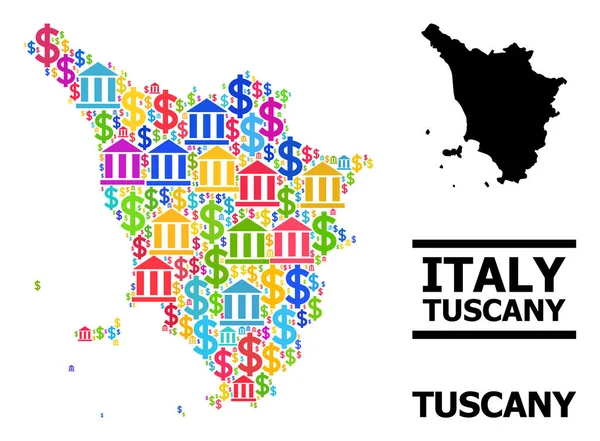 Vector Mozaïek Kaart van Toscane Regio van Financiën en Dollar Deeltjes — Stockvector