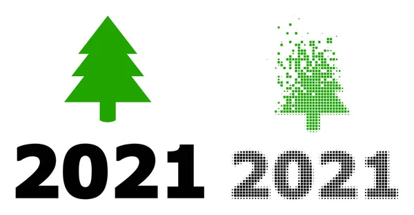Darabokra hulló pont és eredeti 2021-es fenyőfa ikon — Stock Vector