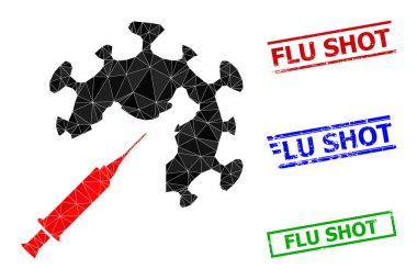 Coronavirus Aşısı Enjeksiyon Çokgen Simge ve Grunge Gribi Basit Damgalar