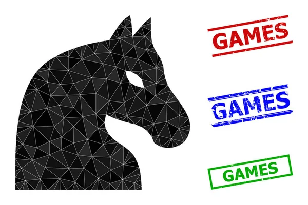 Σκάκι άλογο πολυγωνικό εικονίδιο και Grunge παιχνίδια απλές σφραγίδες — Διανυσματικό Αρχείο