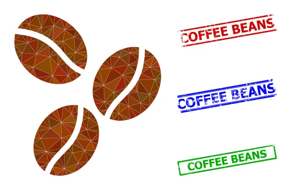 Kaffeebohnen Polygonales Symbol und Grunge Kaffeebohnen Einfache Briefmarken — Stockvektor
