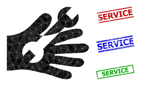 Wrench Service Hand veelhoekige pictogram en krassen Service eenvoudige stempels — Stockvector