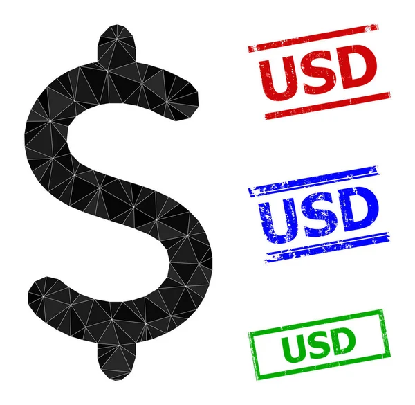 Symbole Dollar Icône polygonale et Grunge USD Filigranes simples — Image vectorielle