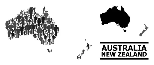 Διάνυσμα Άνθρωποι Ψηφιδωτός Χάρτης της Αυστραλίας και της Νέας Ζηλανδίας και Στερεός Χάρτης — Διανυσματικό Αρχείο