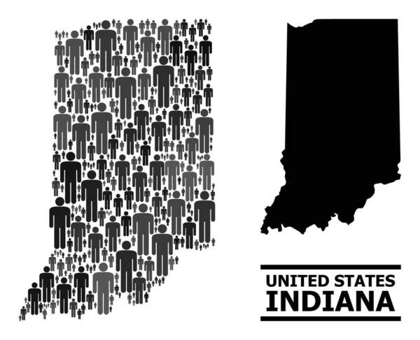 Mappa del collage di popolazione vettoriale dello stato dell'Indiana e mappa solida — Vettoriale Stock