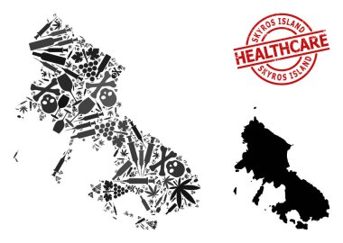 Skyros Adası Bağımlılık Kolajı Haritası ve Filigran Sağlık Hizmeti Filigranı