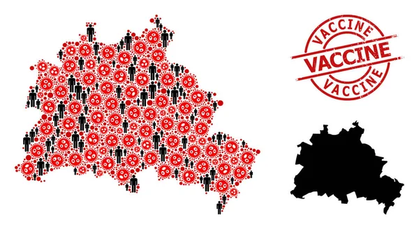 Grunged Vaccine Stamp och människor med virala collage Karta över Berlin City — Stock vektor