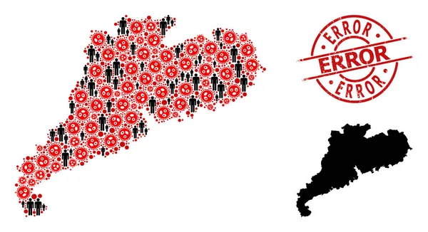 Grunge Error Badge y Humanos con Covid-2019 Collage Mapa de la provincia de Guangdong — Vector de stock