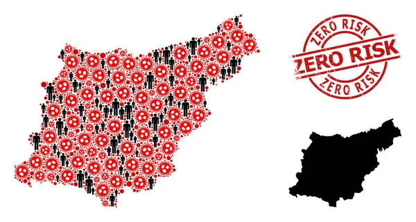 Insignia de riesgo cero de caucho y hombres con virus de la gripe Collage Mapa de la provincia de Gipuzkoa — Vector de stock