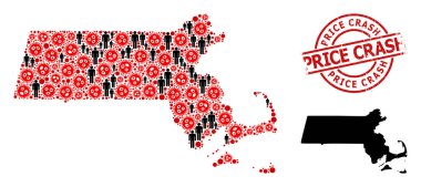 Grunge Fiyat Çarpışması Mührü ve Virüs Salgını Kolajlı Adamlar Massachusetts Eyaleti Haritası