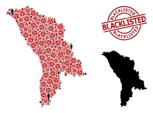 Sello rayado en la lista negra y personas con virus covid Mapa de Collage de Moldavia — Vector de stock