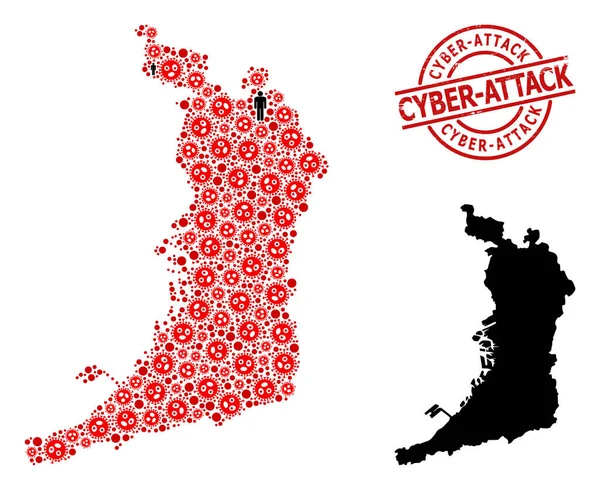 Sello de Ciberataque y Población Gruñidos con Brote de Virus Mapa Collage de la Prefectura de Osaka — Vector de stock