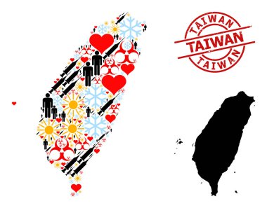 Grunge Tayvan Mühür ve Kalp Mührü Tayvan Şırınga Kolajı Haritası