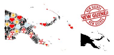 Yeni Gine Mührü ve Güzel Erkekler Şırıngası Papua Yeni Gine 'nin Mozaik Haritası.