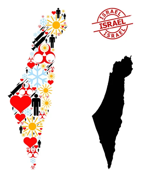 Textured Israel Badge and Lovely Population Virus Therapy Map of Israel — стоковий вектор