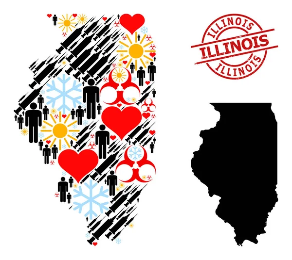 Grunge Illinois Seal and Heart Customers Vaccine Collage Mappa dello stato dell'Illinois — Vettoriale Stock